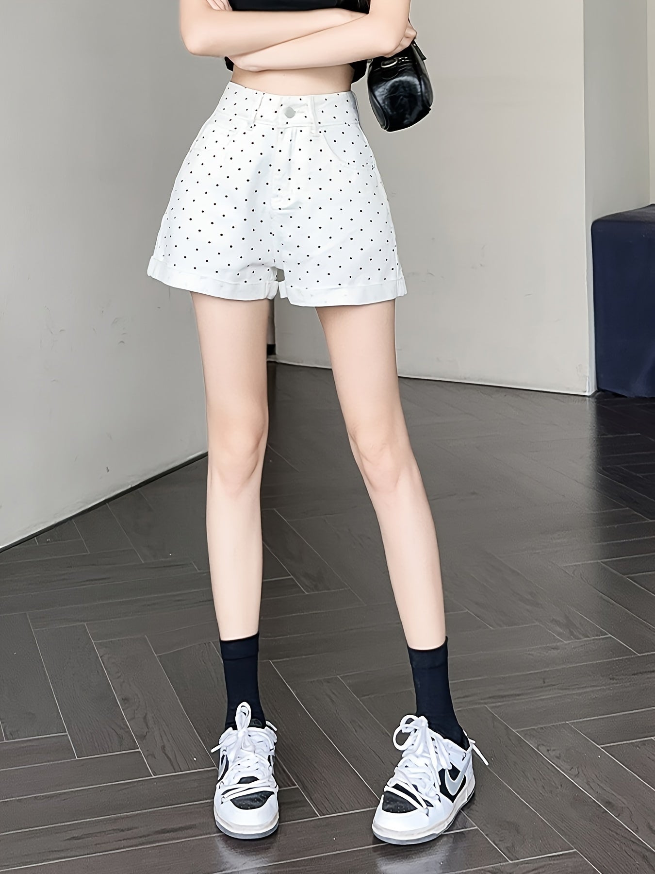 White Olka Dots Print High Waist Retro Denim Shorts for Women - Slim-Fit, Loose Fit, Comfortable, Stylish, Summer Essential - Quality Fabric, Classic Design, Versatile, Easy to Match